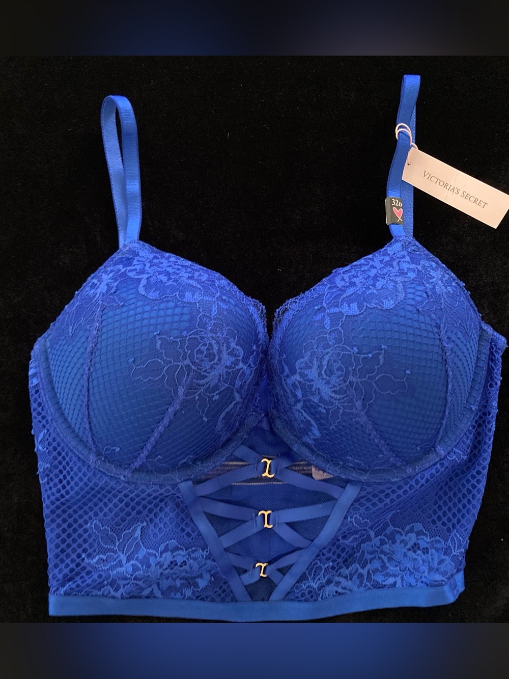 Victoria's Secret Bombshell Add-2-Cups Longline Bra 32D Royal Blue Lace Plunge